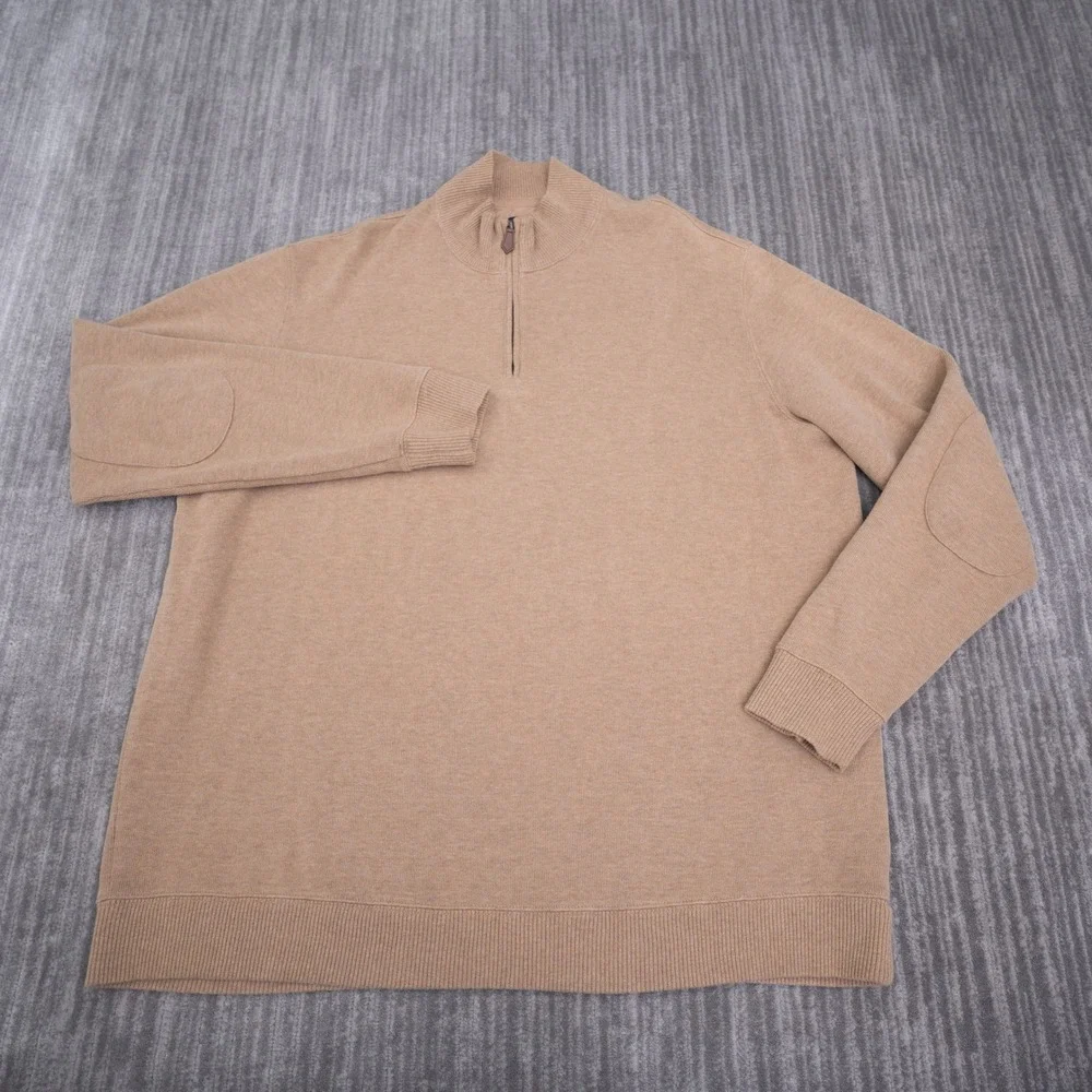 Lands End Mens XXL Tan 1/4 Zip Cotton Sweater Elbow Patches Mock Neck Pullover